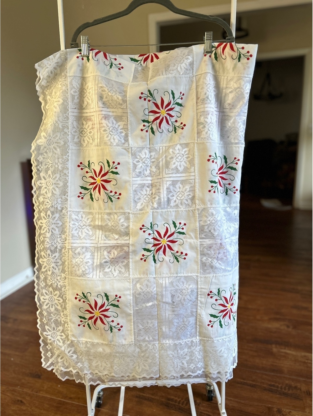 Vintage White Lace Tablecloth with Red and Green Floral Embroidery